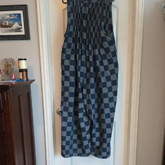 NWOT BiBi Dark And Light Blue Checkered Jumpsuit Oversized Small - Picture 7 of 10